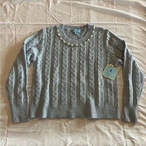 CeCe Light Blue/Gray Cable Knit Sweater with Pearl Accents